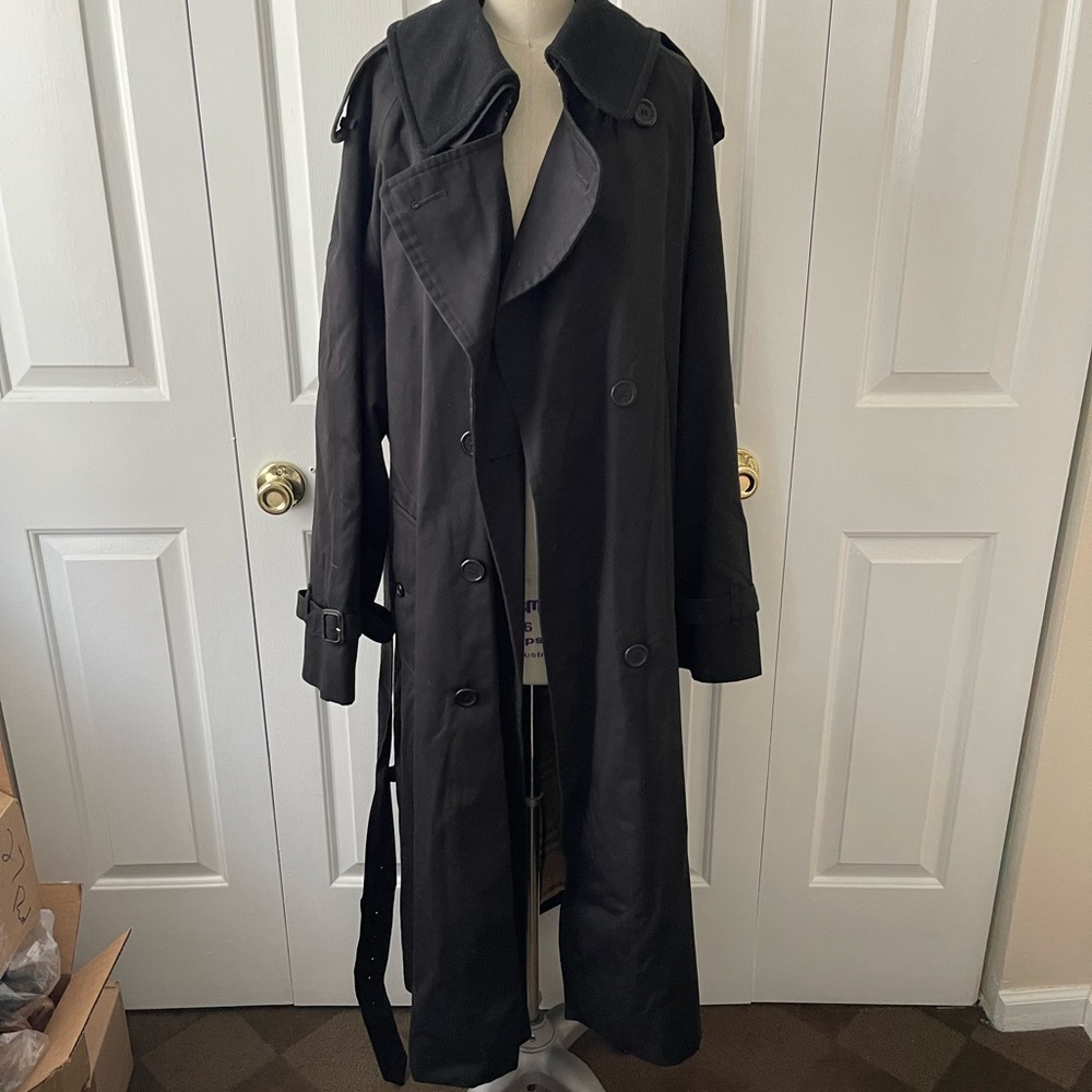 Classic Long Black Burberry Trench Coat with removable wool collar